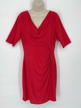 Lauren Ralph Lauren Tricot Ruched Dress Stretchy Lined Size 14 Red Short Sleeve
